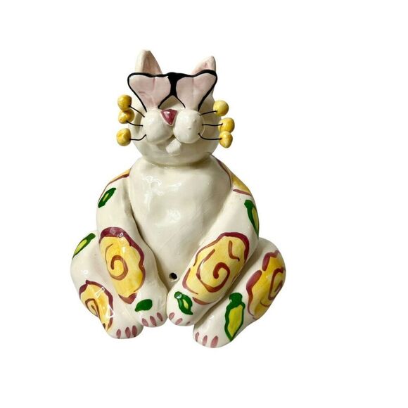 Lacombe WhimsiClay Heart Eye Floral Sitting Cat Figurine - Picture 1 of 10